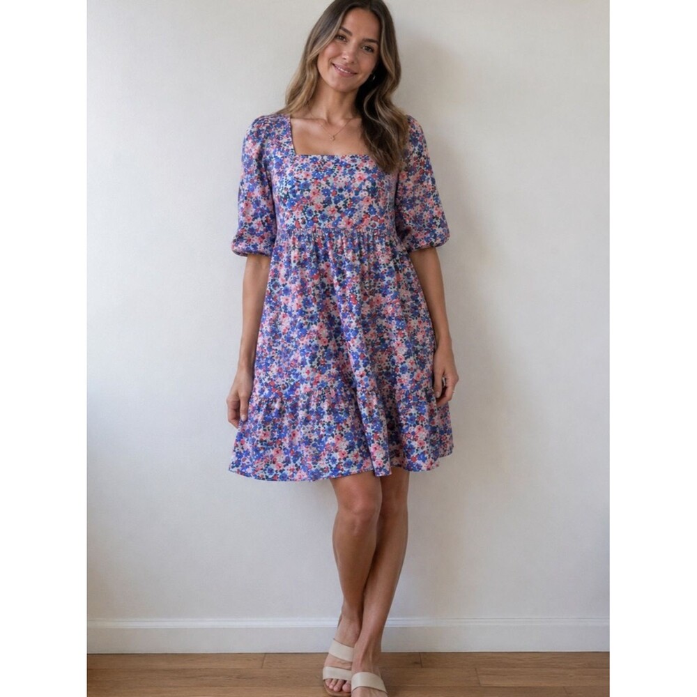 BCBG Paris Floral Babydoll Mini Dress Size M Blue Pink Floral Square Neck